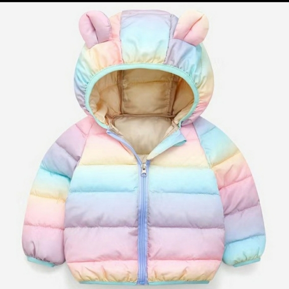 Pastel Rainbow Puffer Zippered Jacket with Teddy Bear Ears 2T - Picture 7 of 7